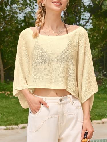 Saodimallsu Womens Crochet Cover Ups Batwing Sleeve Sweater Crop Tops Lightweight Summer Boho Knit Sheer Poncho Top