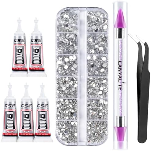Canvalite 1500PCS Rhinestones Flat Back Gems, Nail Rhinestones Nail Art Gems with Pick Up Tweezers and Rhinestone Picker Dotting Pen, Nail Art Tools for Nails, Clothes, Face, Craft
