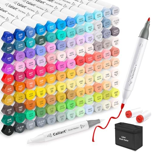 Caliart 121 Colors Alcohol Markers Brush Tip & Fine Coloring Markers Set | Permanent Alcohol Based Colored Sketch Pens with Case, Art Supplies Gifts for Beginners Adults Painting Drawing Illustration