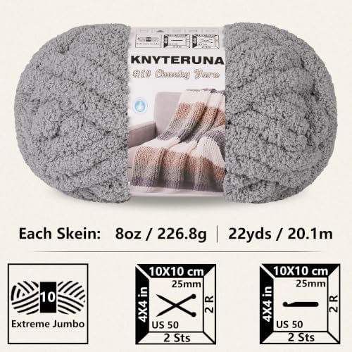 Chunky Yarn for Hand Knitting, #10 Chunky Blanket Chenille Yarn, Large Bulky Thick Jumbo Yarn, Super Chunky Knit Yarn for Crocheting, 8 Skein (8 oz 22 yds Each Skein), Light Grey