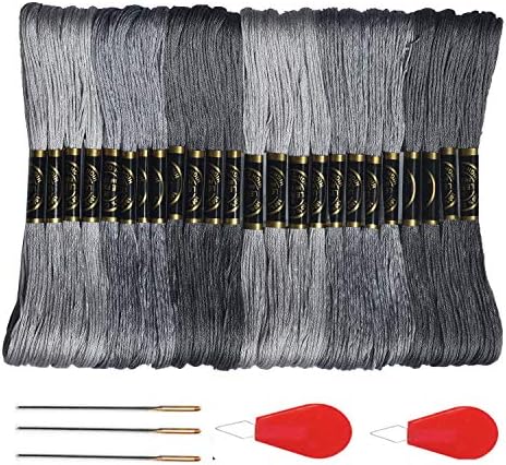 Premium Grey Embroidery Floss - Cross Stitch Threads - Friendship Bracelets Floss - Crafts Floss- Hand Embroidery Thread 24 Skeins Per Pack and Free Set of 3Embroidery Needles and 2 Needle Threader
