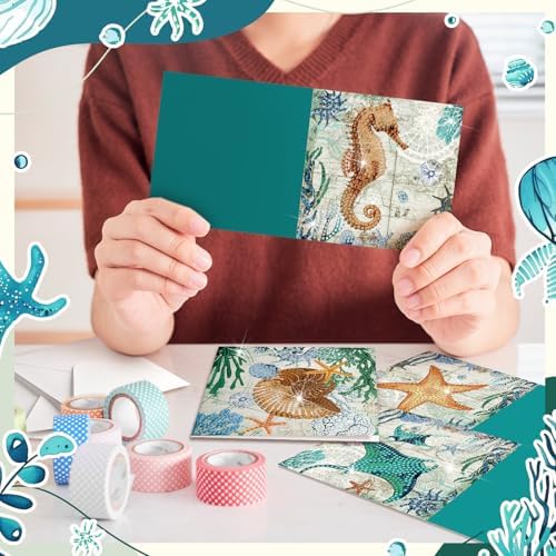Saillong 12 Pack Summer Ocean Diamond Painting Greeting Card Kits DIY Under the Sea Diamond Art Cards with Envelopes Ocean Animals 5D Rhinestones Painting Making Kits for Adults DIY Craft Family Gifts
