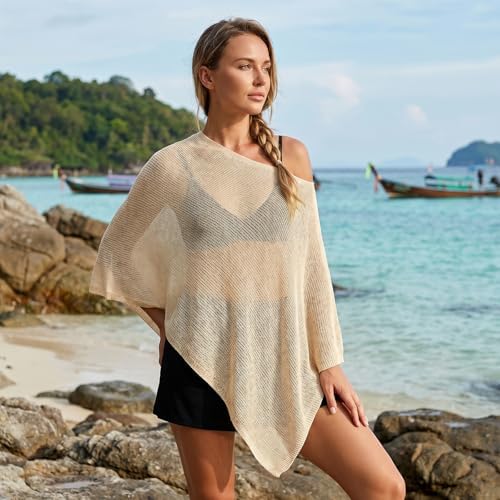 Womens Sheer Poncho Tops Lightweight Knitted Shrug Crochet Mesh Cover Up Summer Beach Shawl