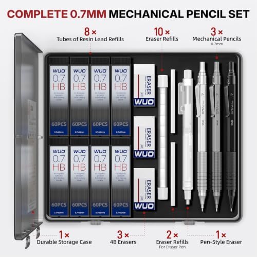 WUO 0.7mm Mechanical Pencil Set, 3 Pack Metal Drafting Pencils