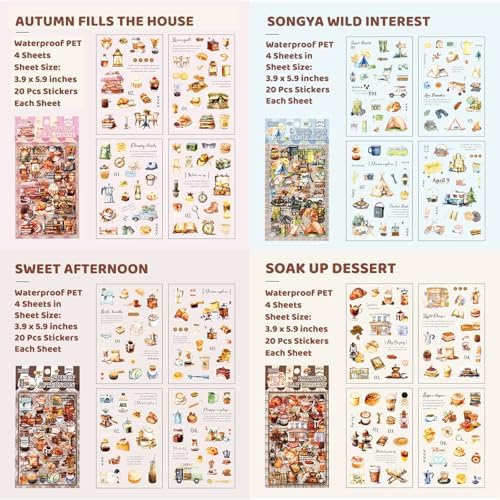 Vintage Food Stickers for Scrapbooking – 320+ Transparent PET Dessert, Coffee, Cake & Bread Stickers for Journaling, Junk Journal Supplies, Kids DIY Crafts, Baking & Camping Decoration