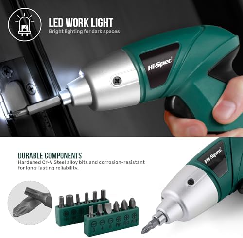Hi-Spec 3.6V USB Electric Screwdriver for Home Repairs and Assembly, Green | 19pc, fast assembly help, common screw bit selection, LED visibility, compact grip, quick household fixes, organized storage