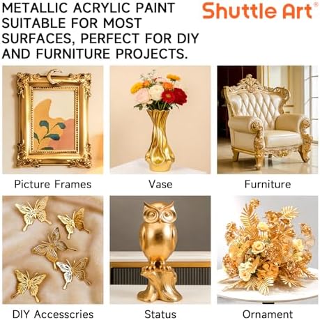 Shuttle Art Metallic Gold Acrylic Paint, 8.45 oz(250 ml) Gold Leaf Paint With Brush, Non Toxic, Non Fading Gold Paint for Crafts, Metal, Wood, Clay, Ceramic, Canvas, Furniture