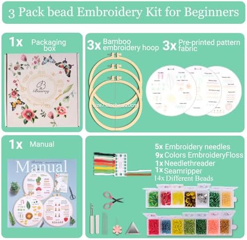 Bonroy Beginners Embroidery Practice kit 3 Sets to Learn 30 Different Stitches for Craft Lover Hand Stitch with Embroidery Fabric with Skill Techniques (BY-BD-S)