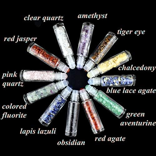 5 Pack 10ml Clear Roll On Bottles With Natural Chakra Crystal Chips for Essential Oils,Perfume Glass Roller Bottles Container Bamboo Lid,Crystal Roller,Pipette&Opener Included (Black Obsidian)