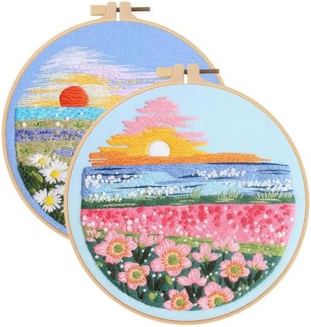 spicssa 2 PCS Embroidery Kit for Beginners, Hand Needlepoint Kits for Adults with Pre-Stamped Patterns, 7.8-Inch Hoop, Threads & Needles, Step by Step Instructions