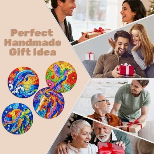 CRZMODE 8 Pcs Stained Glass Animals Diamond Art Coasters Kits, Diamond Painting Coasters with Holder Set of 8, DIY Animals Art Crafts Supplies for Adults Cup Mat House Warming Gifts Non-Slip