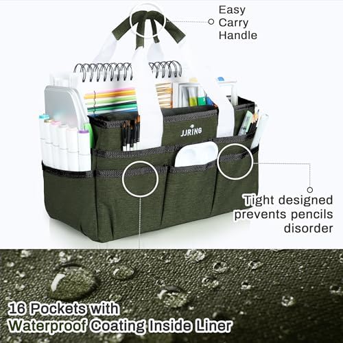JJRING Craft Organizer Tote Bag Art Storage Caddy Sap Green | With Multiple Pockets For Sewing, Scrapbooking, School, Medical, And Office Supplies
