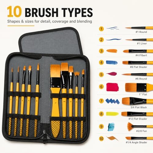 EXERZ 10 pcs Artist Paint Brush Set Synthetic Hair for Acrylic