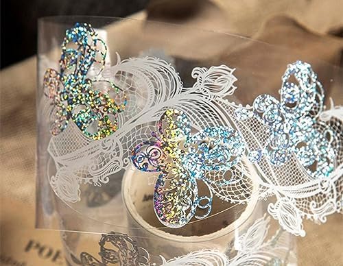Primst 5 Rolls Washi Tape Lace Pattern Self-Adhesive Tape, White Black Floral Washi Silver Aesthetic Lace Tapes for Scrapbooking DIY Art Journaling Craft Gift Wrapping