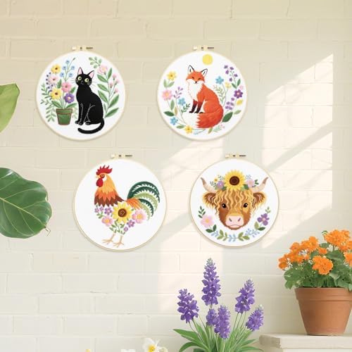 ORIGACH 4 Pcs Flower and Animal Embroidery Kit for Beginners, Stamped Design Embroidery Starter Kit Includes Cloth, Hoops, Threads & Needles
