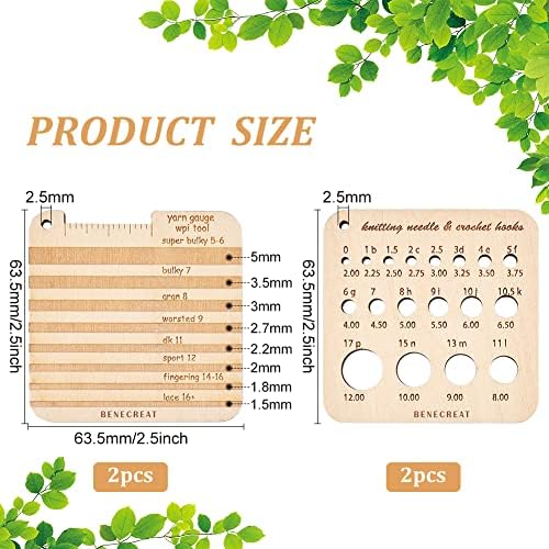 BENECREAT 4Pcs Wood Knitting Gauge Rulers, 2 Style Square Knitting Tool Crochet Hook and Knitting Needle Gauge, 2.5x2.5x0.2inch