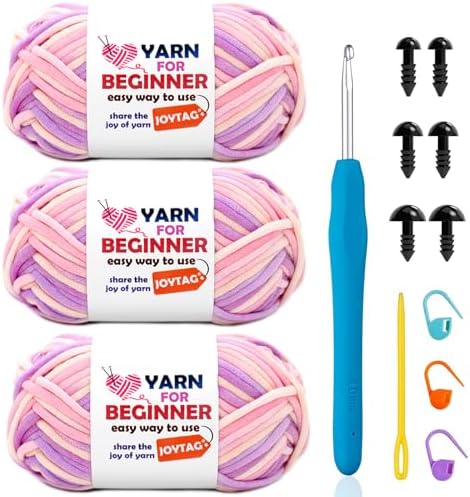3 Pack Rainbow Beginners Crochet Yarn Pink Purple Cotton Crochet Yarn for Crocheting Knitting Beginners with Easy-to-See Stitches Cotton-Nylon Blend Crochet Yarn for Beginners Crochet Kit(3x50g)