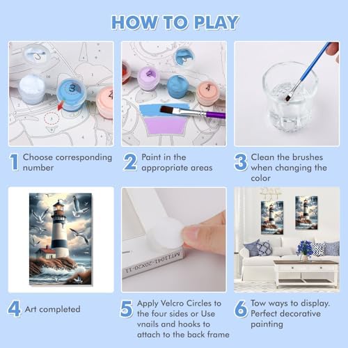 Bowetile Framed Paint by Numbers Lighthouse for Adults Beginners, Adults' Paint-by-Number Landscape Kits, Easy Adult Paint by Number Kits on Canvas, Acrylic Number Painting for Home Decor, 8x12in
