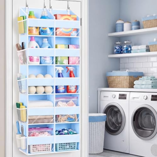 Blue Over the Door Organizer 5 Tiers, Extra Large Behind Door Storage of 10 Compartments, 80 lbs Weight Capacity Hanging Storage Organizer with Clear Window Kids Toys, Shoes, Diapers, Room storage
