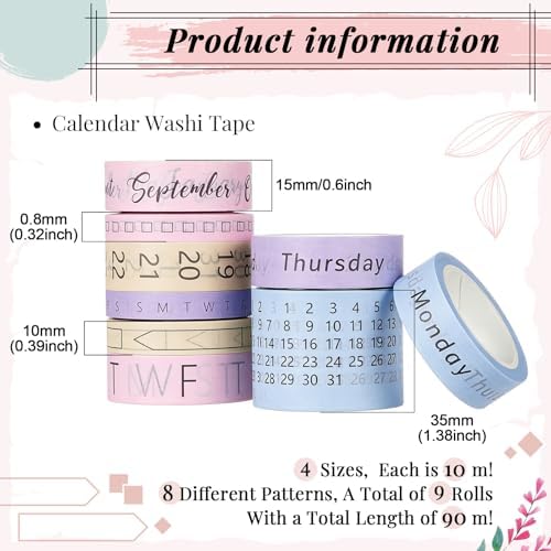 Chuangdi 9 Rolls Calendar Washi Tape Set,Pink, Purple, Yellow, Blue | Vintage Day Week Month Date Number Calendar Washi for Journaling, Planner Decoration, Journal Labels, Arts Crafts
