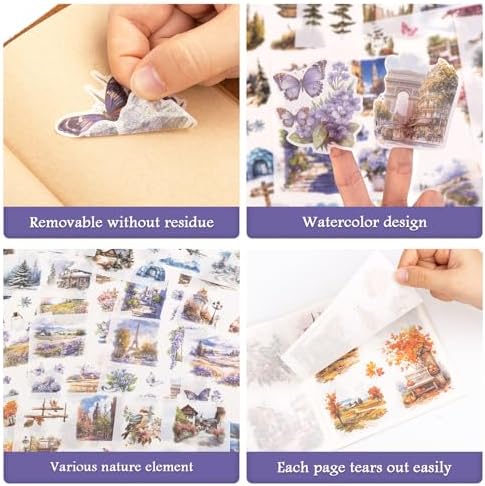 RISYPISY 388pcs Landscape Theme Sticker Book Washi Stickers for Journaling | 50 Sheets of Ephemera Stickers for Junk Journal, Scrapbooking, Planners & Collage Crafts