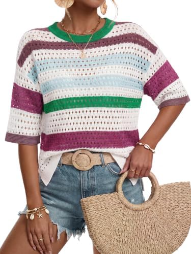 Arach&Cloz Women's Linen Blend Oversized Hollow Out Summer Crochet Tops
