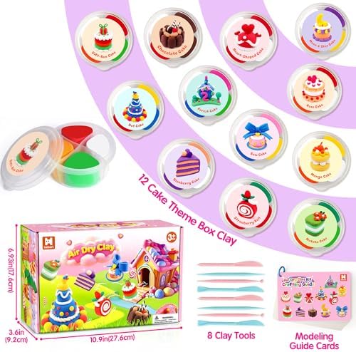 Helsort Air Dry Clay Kit, 12 Cake Modeling Clay for Kids, Tutorial Video