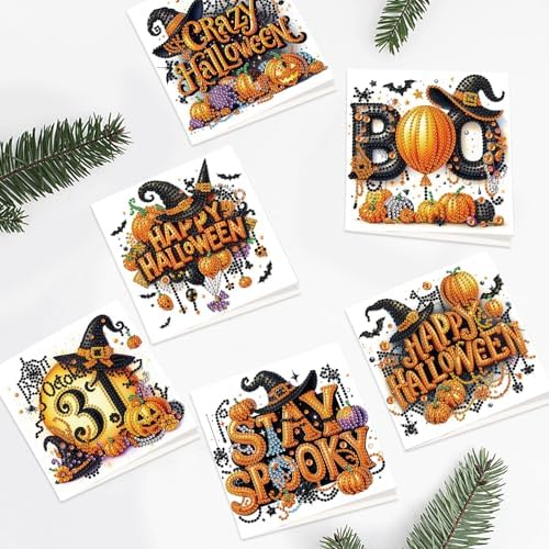 antor 6 Pack Halloween Diamond Art Cards Kits - DIY 5D Diamond Painting Greeting Cards with Envelopes, Handmade Halloween Craft Kits for Adults, Rhinestone Pumpkin Witch Card Set