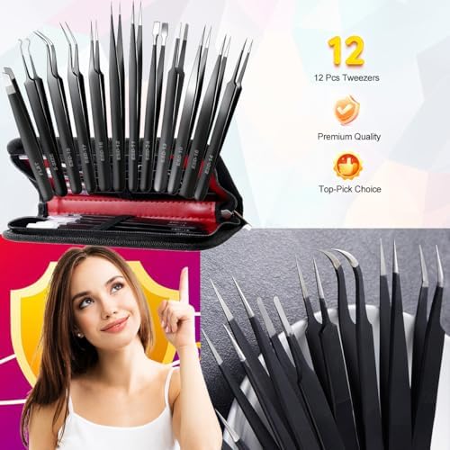Antonki 12-in-1 Precision Metal Tweezers Set with Leather Case