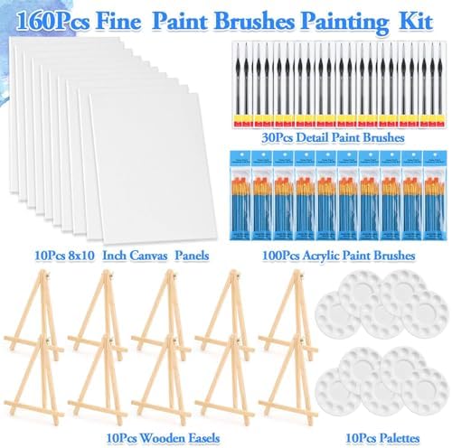 160 Pack Canvas with Easel Miniature Painting Kit with Wooden Easel and Blank Canvas Boards, Detail Paint Brushes Set for Adults Couples Paint Party Supplies, Paint and Sip Date Night Kits