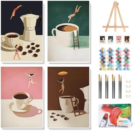 Camocin 4 Pack Framed Paint by Numbers Kit for Adults with Wooden Easel | Funny Coffee Artwork, DIY Canvas Painting Set, Kitchen Coffee Bar Decor, Minimalist Style, Beginner Friendly, 8x12 Inch