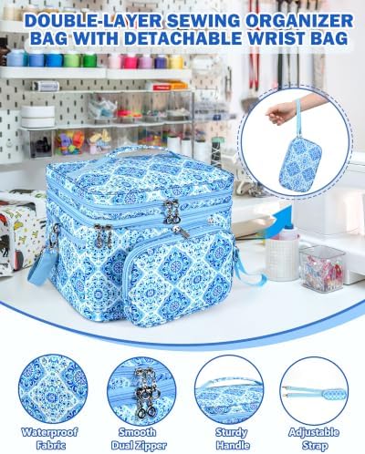 Double-Layer Sewing Supplies Organizer Bag with Detachable Pouch, Floral