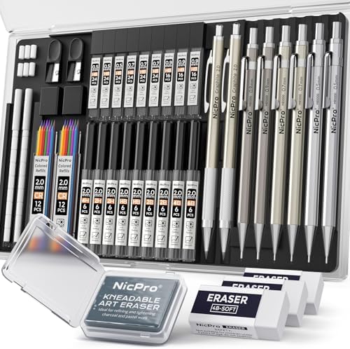 Nicpro 37PCS Art Mechanical Pencil Set, Metal Drafting Pencils 0.5 mm, 0.7 mm, 0.9 mm & 2mm Lead Pencil Holder (6B 4B 2B HB 2H 4H Colors) For Sketching Drawing With 20 Tube Lead Refills Eraser Case