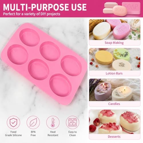 Oval Silicone Soap Mold 2 Pack, 6-Cavity Large Soap Making Molds for Handmade Soap, Lotion Bars, Chocolate, Candy, Candles, Bath Bombs & DIY Crafts