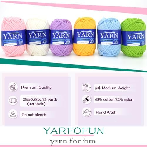6 Pack Beginners Crochet Yarn Blue Green Pink Purple Yellow White Cotton Crochet Yarn for Crocheting Knitting Beginners-Pastel Series