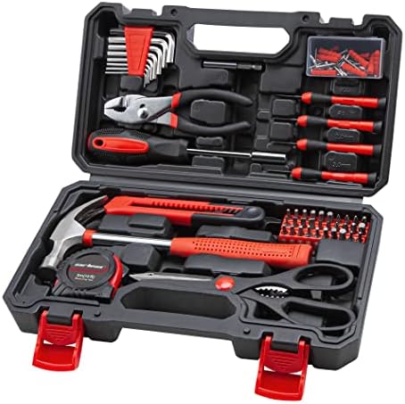 CARTMAN Complete Household Tool Set, Red Hand Kit With Storage Case | Versatile tool assortment for home repairs, DIY projects, furniture setup, crafting, and daily household fixes in toolbox.