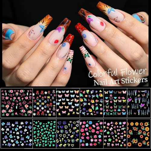 Teenitor 50 Sheets Nail Stickers for Nail Art, Colorful Flower Nail Art Stickers for Kids, 3D Self Adhesive Black & White Flower Fingernail Stickers for Women Girl, Daisy Nail Decals for Spring Summer