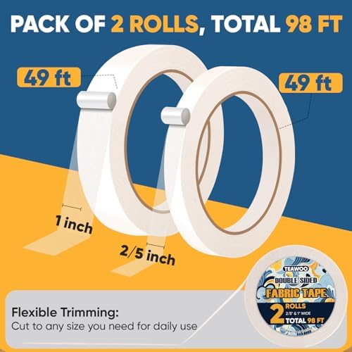 2 Rolls Double Sided Fabric Tape, 2/5-1IN 98 FT Hem Tape No Sewing No Iron