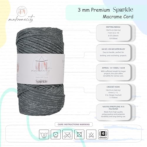 Makromecity Sparkle Polypropylene Macrame Cord 3mm x 131 Yards (394 feet) Premium Polyester Macrame Cord for Macrame Art & Crafts for Wall Hangings, Bags, Underplate, Rug
