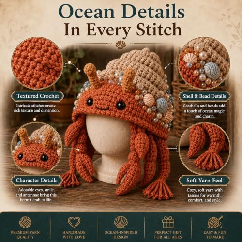 Ocean Series Hood Hat DIY Crochet Kit, Create Your Own Ocean Inspired Character Hood, Handmade Art Crafts for Beginners Adults, Fun Creative Gift for Crochet Lovers，Hermit Crab (Hermit Crab)