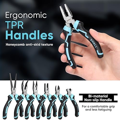 SHALL Mini Pliers Set, 6-Piece Small Pliers Tool Set Includes Needle Nose, Long Nose, Bent Nose, Diagonal, End Cutting and Linesman for Making Crafts, Electronic Repairing & Jewelry with Pouch