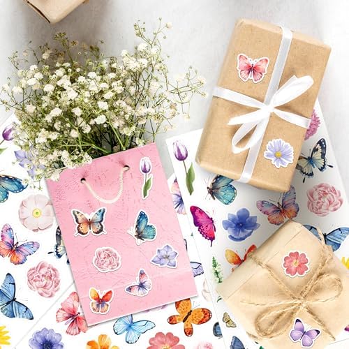 LINAYE 24 Sheets Butterfly Flower Stickers for Kids Adults, Spring Butterfly Flower Decorative Stickers Bulk for Crafts Envelops Scrapbooking, Butterfly Party Favors Supplies for Kids Classroom