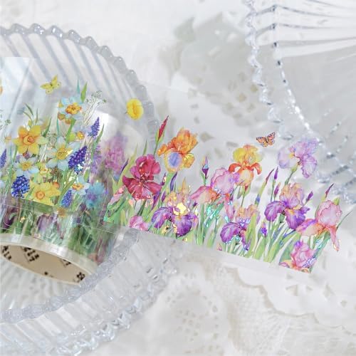 PET Tape Stickers for Journaling 6 Rolls Pre-Cut Flower Washi Tape Stickers Decorative Tape for Crafts Scrapbooking Junk Journal Supplies, Flower Branch