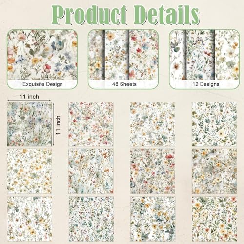 48 Sheets Floral Vintage Scrapbook Paper,Watercolor Vintage Floral Pattern Decorative Scrapbook Paper for Journals DIY Cards and Photo Albums,Aesthetic Craft Supplies