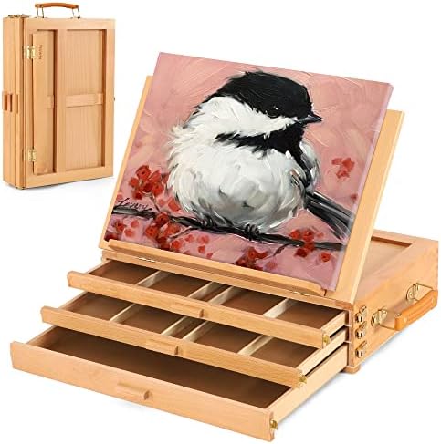 VISWIN Large Tabletop Easel with 3 Storage Drawers, Adjustable Beech Wood Table Top Easel for Painting, Portable Sketch Box for Art Supplies, Desktop Travel Art Easel for Adults, Artists, Students