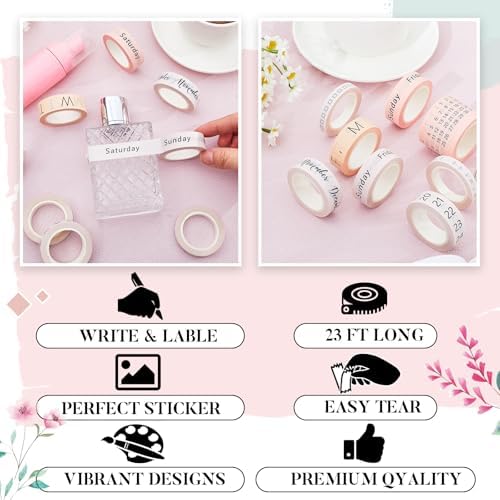 Chuangdi 9 Rolls Calendar Washi Tape Set,Light Brown, Beige, Pink | Vintage Day Week Month Date Number Calendar Washi for Journaling, Planner Decoration, Journal Labels, Arts Crafts