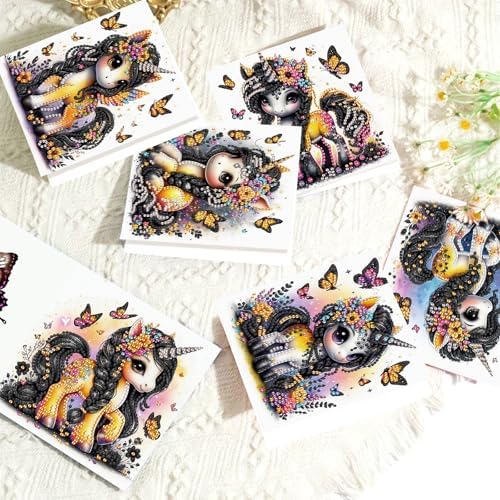 6 Pcs 5D Diamond Painting Greeting Cards Kits with Envelopes, DIY Rhinestone Diamond Art Cards, Unicorn Design with Laser Effect Handmade Festival Greeting Card for Birthday, Celebration and Party