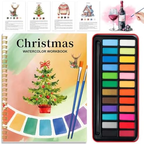 Watercolor Workbook - Coloring Book Beginner Friendly Painting Kit, Watercolor Workbooks for Adults with 24 Colors Paint, Exploration Gift for Adults Teens (Christmas)