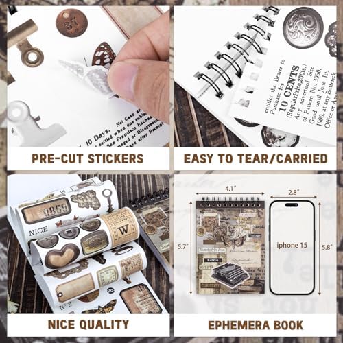 595Pcs Vintage Washi Stickers for Junk Journaling | 50 Sheets pre-cut dark academia ephemera in a portable booklet. No-residue washi material perfect for DIY scrapbooks