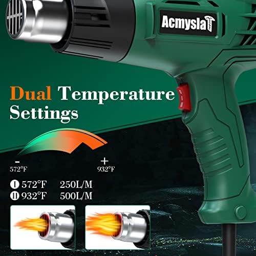 AcmyslaT Heat Gun, Heavy Duty Hot Air Gun Kit Dual Temperature Settings 572℉~932℉ (300℃-500℃), Overload Protection with 4 Nozzles for Crafts, Shrink Wrapping/Tubing, Paint Removing, Epoxy Resin | 572℉~932℉ (300℃-500℃), Overload Protection with 4 Nozzle...